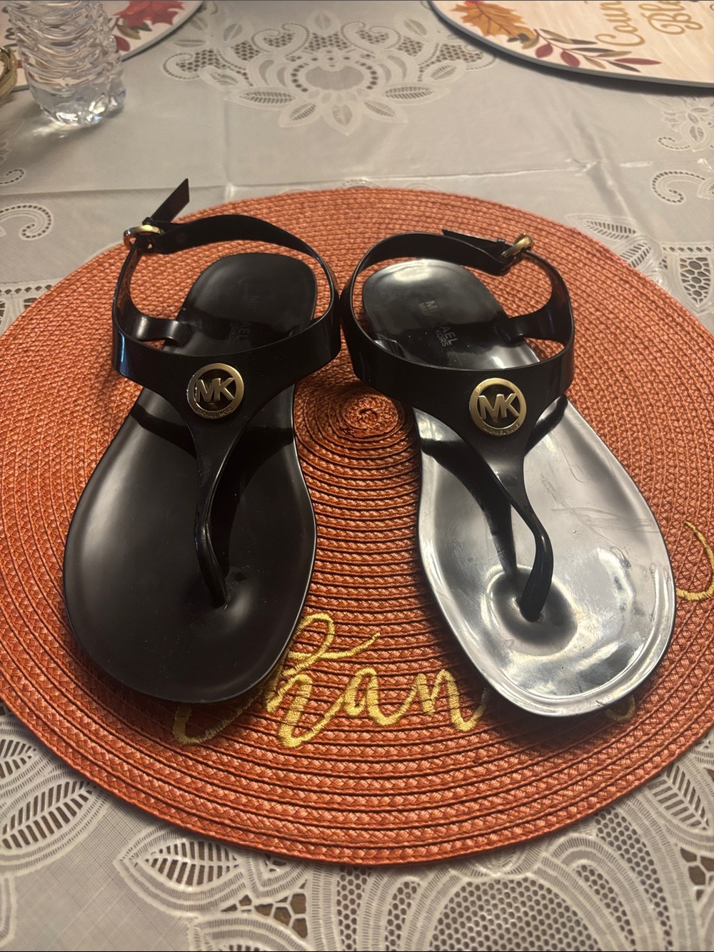 Michael Kors Black Jelly T-Strap Sandals with Gold MK Medallion